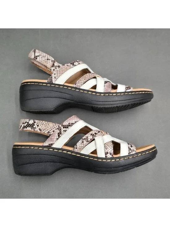 Clarks Merliah Lilac Snakeskin Wedge Sandals Size 7.5 White Leather - Picture 5 of 11